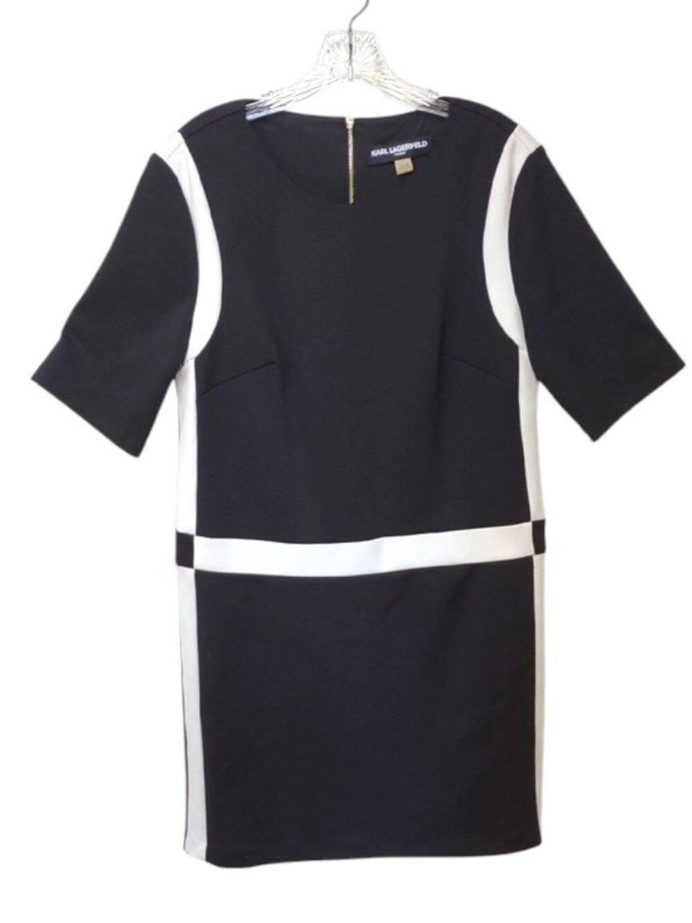 Karl Lagerfeld Paris Black White Panel Color Block Shift Sheath Lined Midi Dress